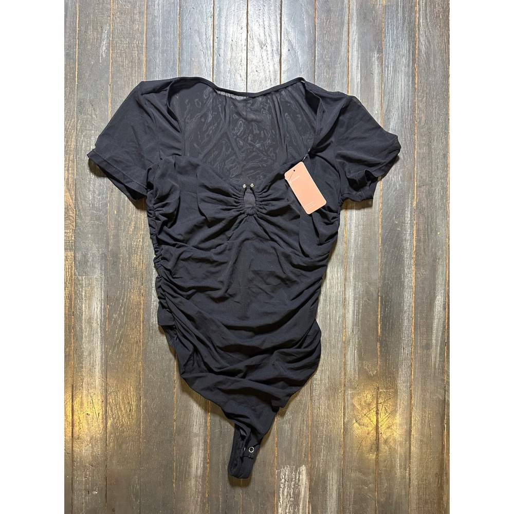 Feelinggirl Black Ruched O-Ring Sweetheart Mesh Back Bodysuit Womens
